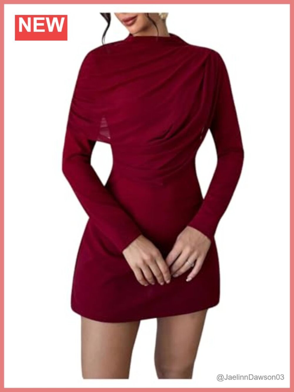 Draped Mesh Mock Neck Long Sleeve Mini Dress Ruched Party Cape